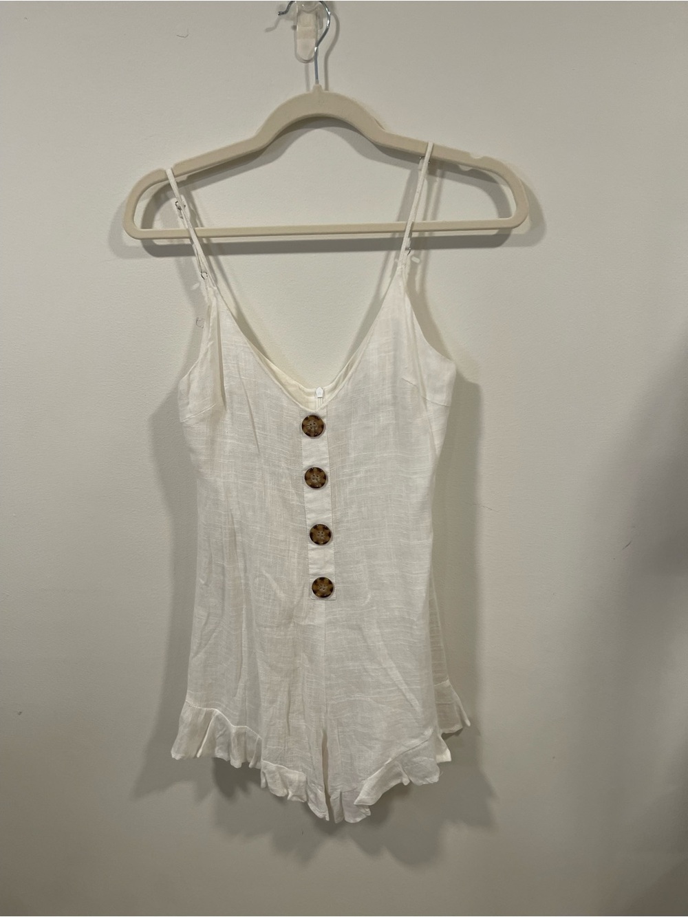 Polly Cream Linen-Blend Romper with Tortoiseshell Button